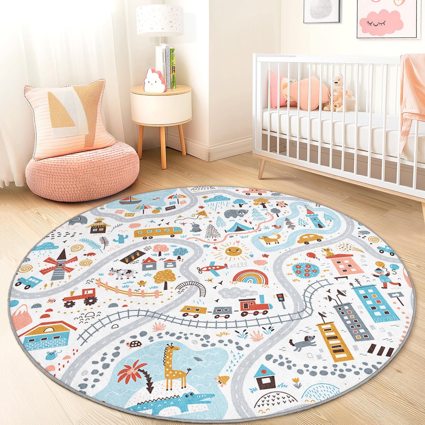 Colorful Adventure Play Rug, Round Kids Rug, Map Design Play Mat, Nursery Decor, Toddler Room Carpet, Creative Learning Space