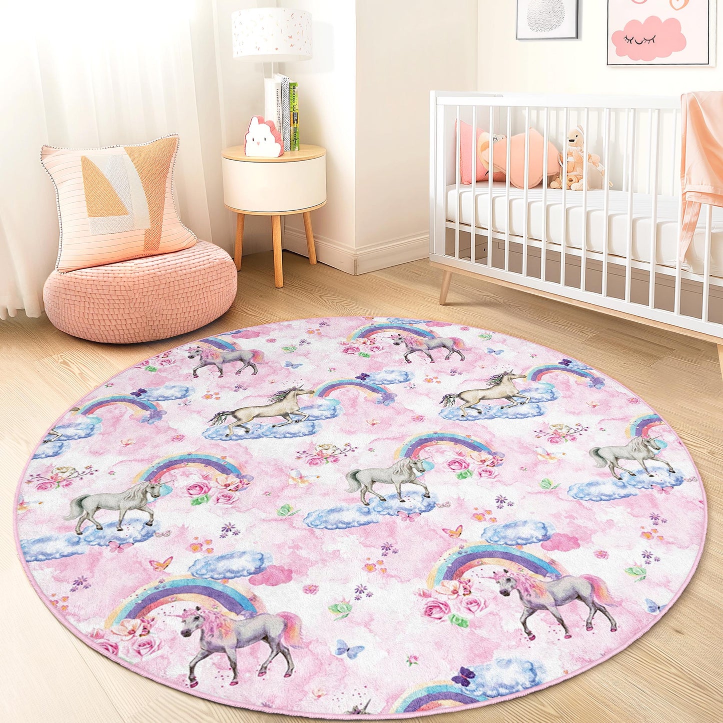Whimsical Unicorn Round Kids Rug, Rainbow Cloud Play Mat, Soft Nursery Decor, Playroom Carpet, Kids Bedroom Rug, Fantasy Theme Rug