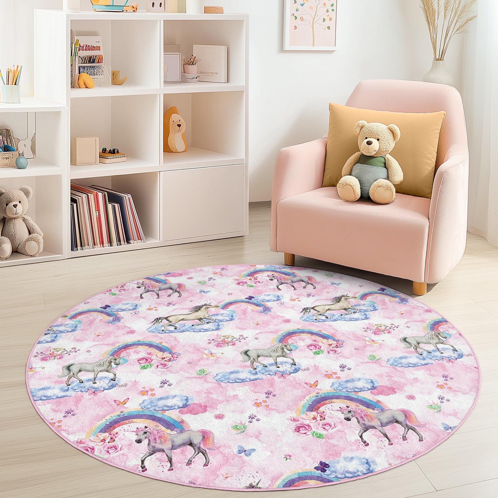 Whimsical Unicorn Round Kids Rug, Rainbow Cloud Play Mat, Soft Nursery Decor, Playroom Carpet, Kids Bedroom Rug, Fantasy Theme Rug