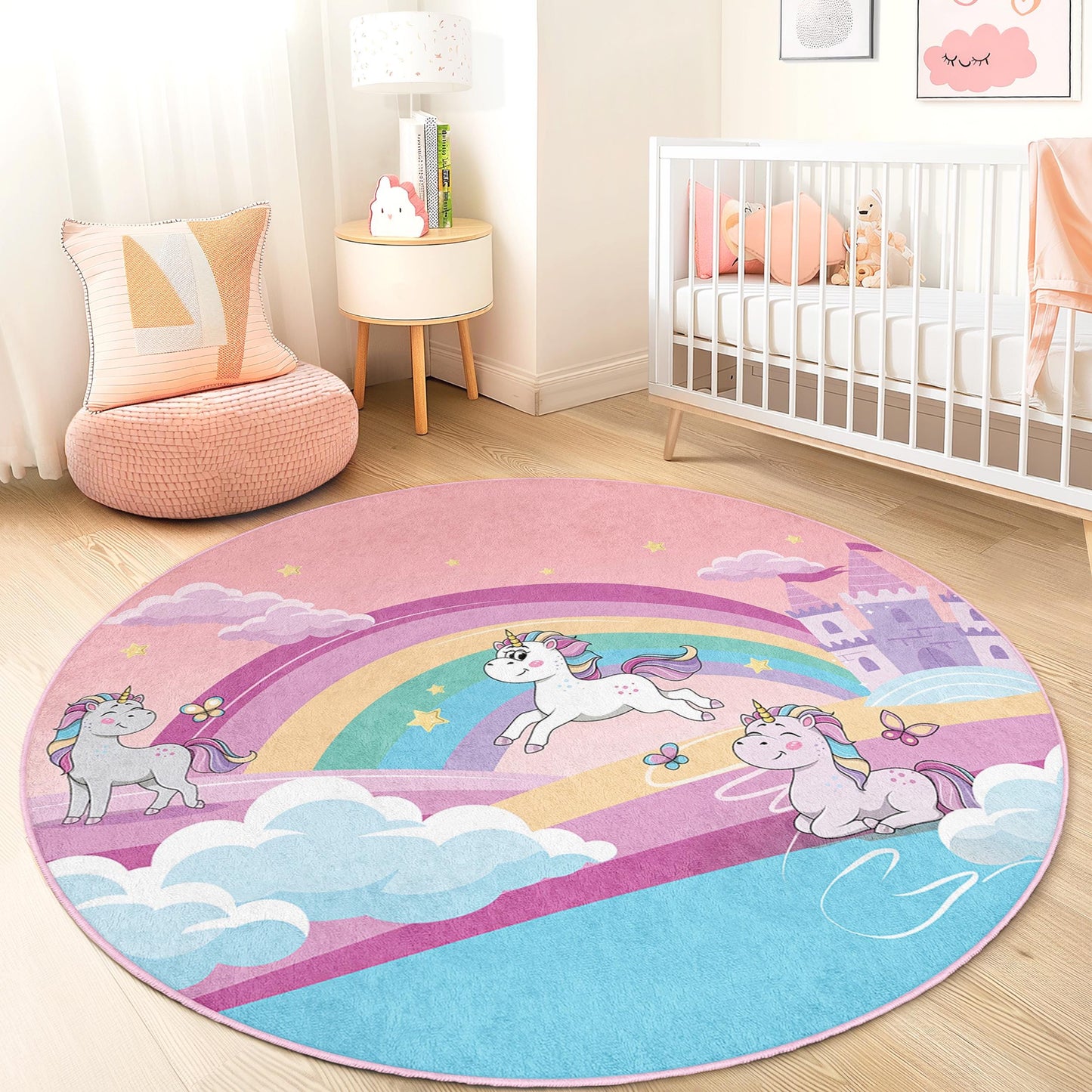 Unicorn Rainbow Round Kids Play Rug, Magical Unicorn Carpet, Playroom Decor, Soft Round Rug for Girls Room, Nursery Rug