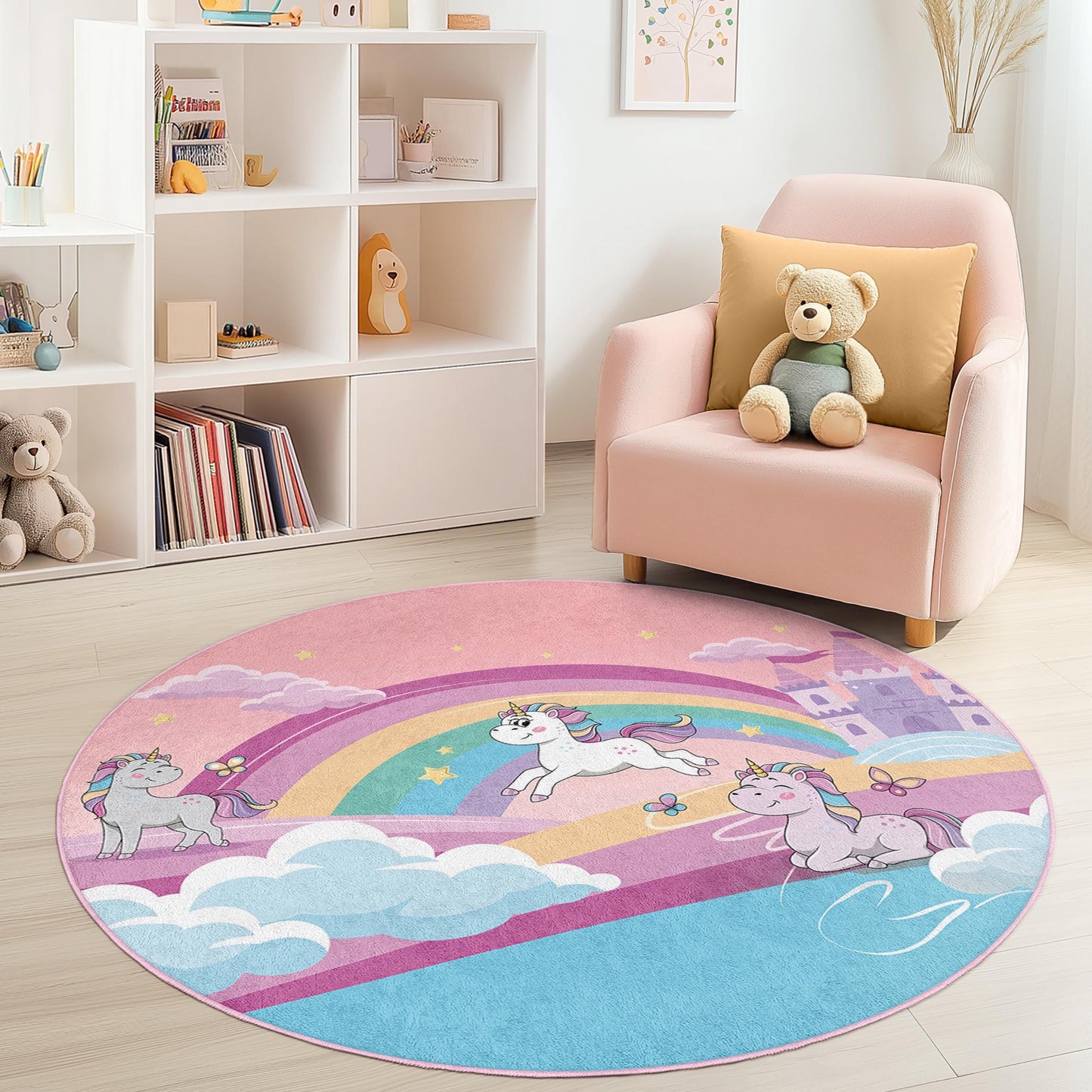 Unicorn Rainbow Round Kids Play Rug, Magical Unicorn Carpet, Playroom Decor, Soft Round Rug for Girls Room, Nursery Rug