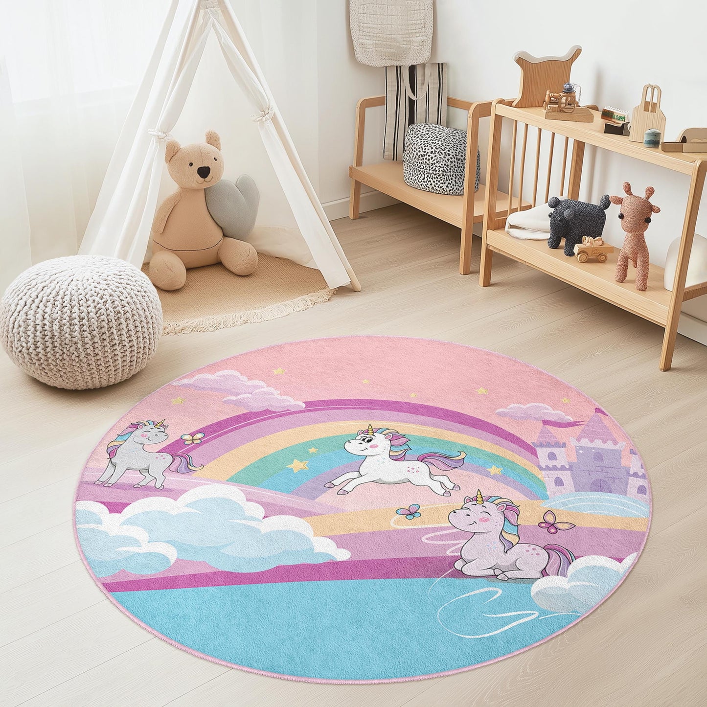Unicorn Rainbow Round Kids Play Rug, Magical Unicorn Carpet, Playroom Decor, Soft Round Rug for Girls Room, Nursery Rug