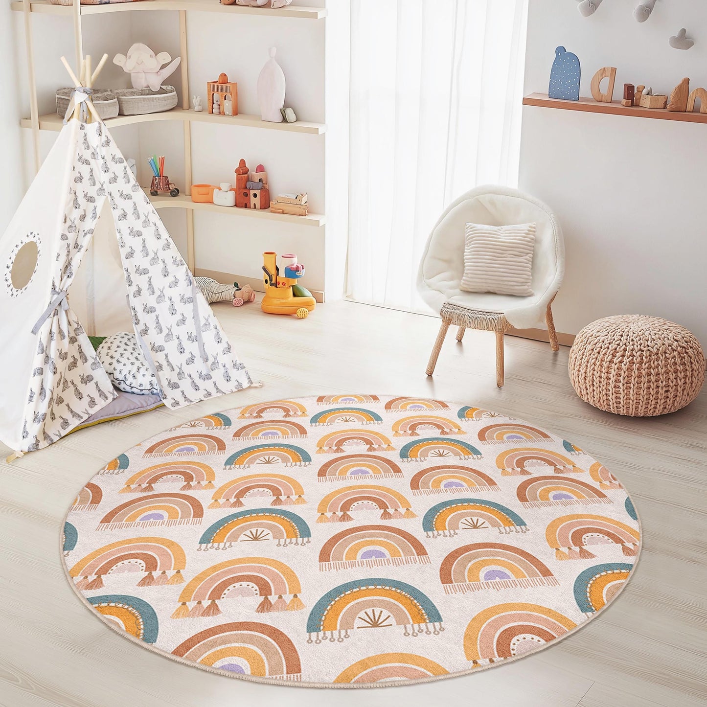 Rainbow Design Round Kids Rug, Colorful Rainbow Play Mat, Soft Nursery Rug, Kids Room Decor, Playroom Carpet, Educational Play Rug