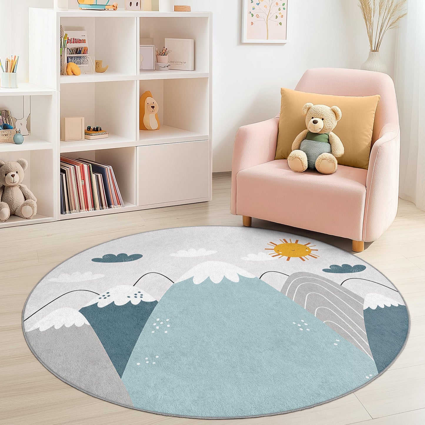 Mountain Adventure Round Kids Rug, Nature Theme Play Mat, Soft Round Carpet for Kids Room, Nursery Decor, Kids Playroom Rug