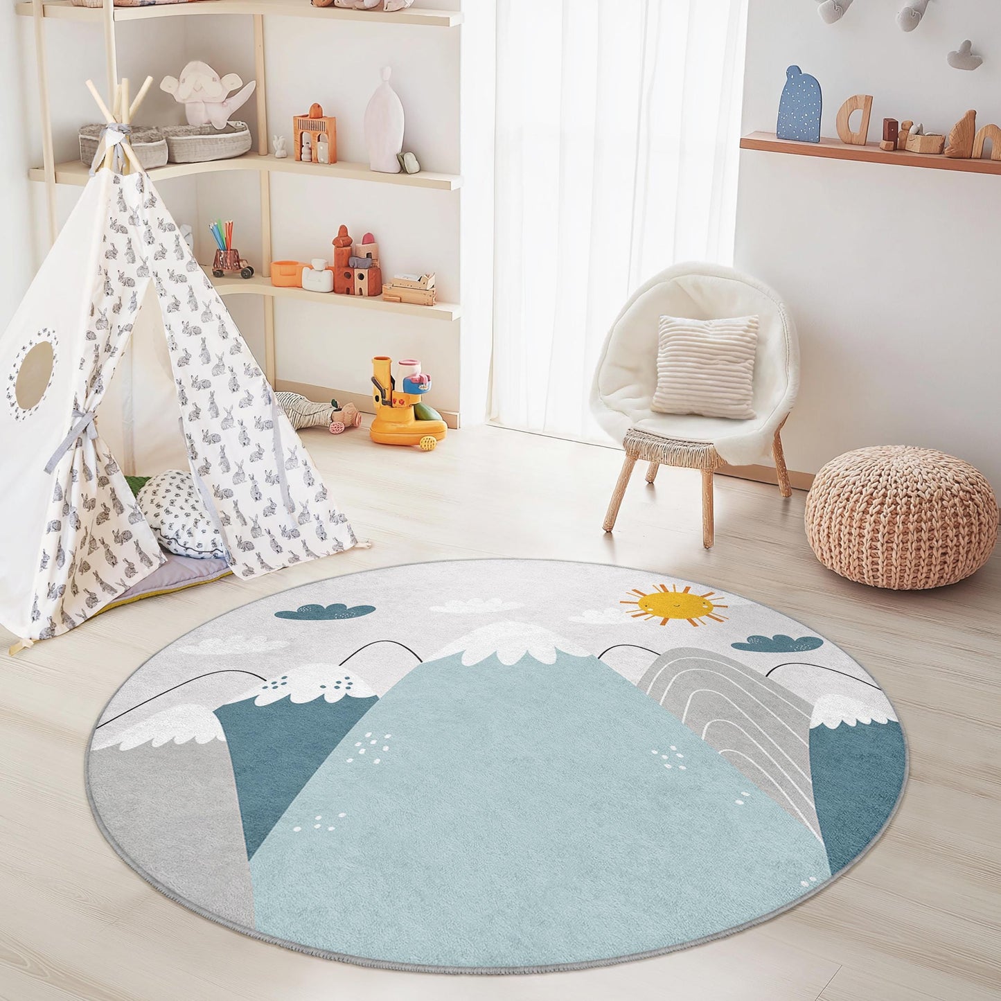 Mountain Adventure Round Kids Rug, Nature Theme Play Mat, Soft Round Carpet for Kids Room, Nursery Decor, Kids Playroom Rug