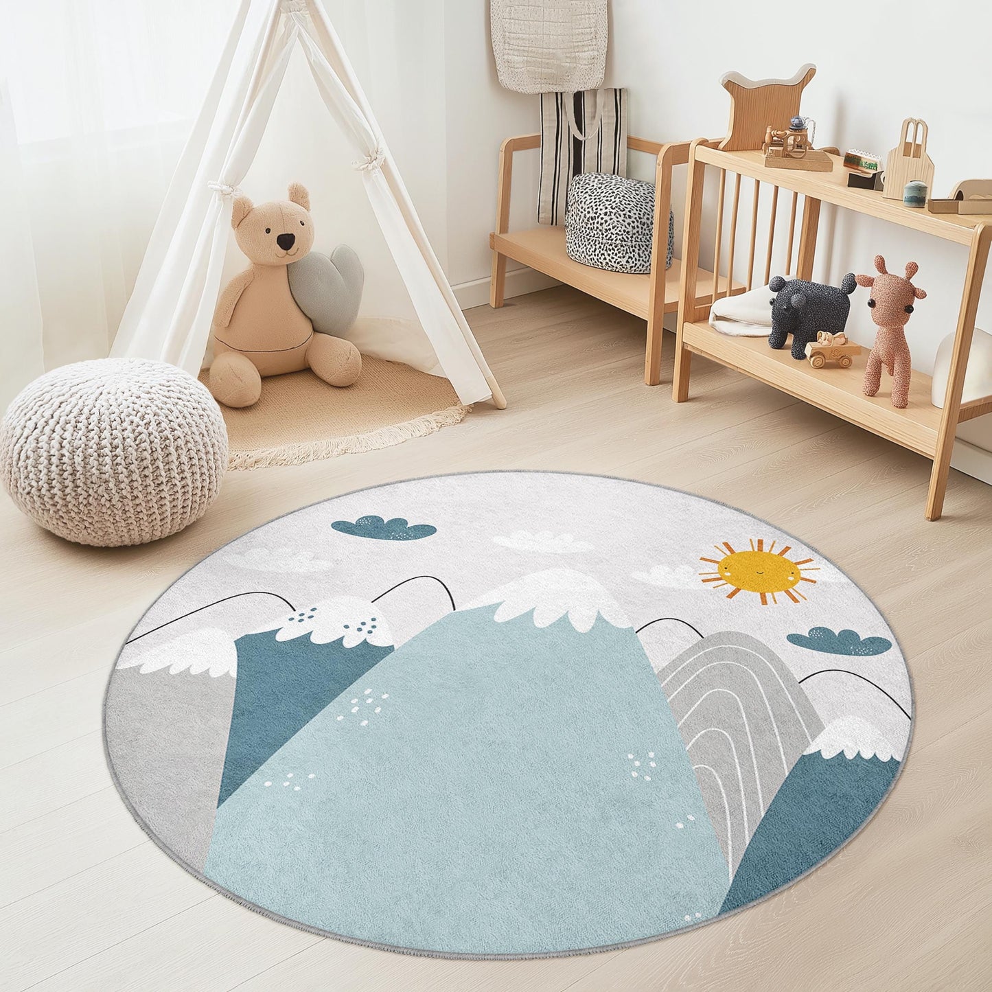 Mountain Adventure Round Kids Rug, Nature Theme Play Mat, Soft Round Carpet for Kids Room, Nursery Decor, Kids Playroom Rug