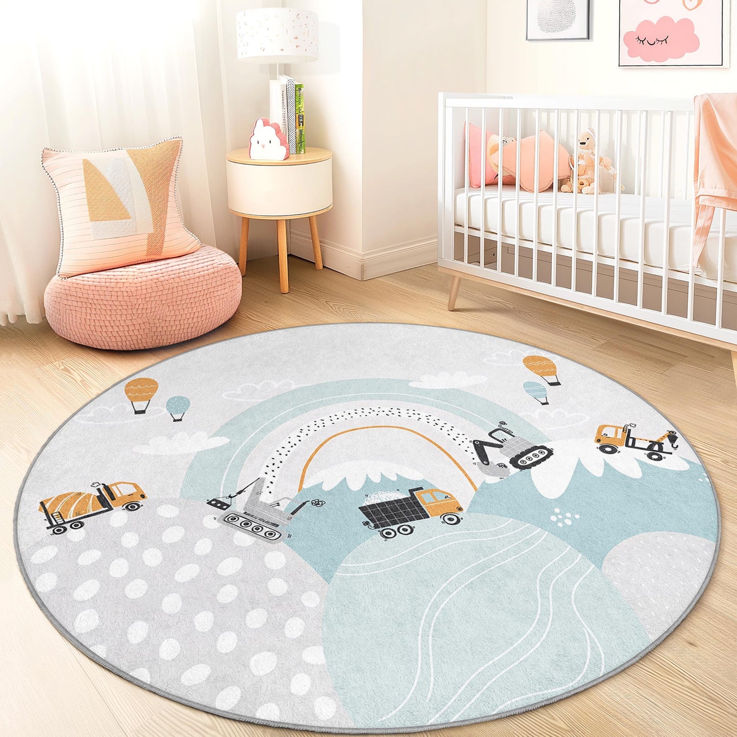 Construction Theme Round Kids Play Rug, Colorful Trucks and Hot Air Balloons, Nursery Decor, Play Area Rug, Kids Room Carpet