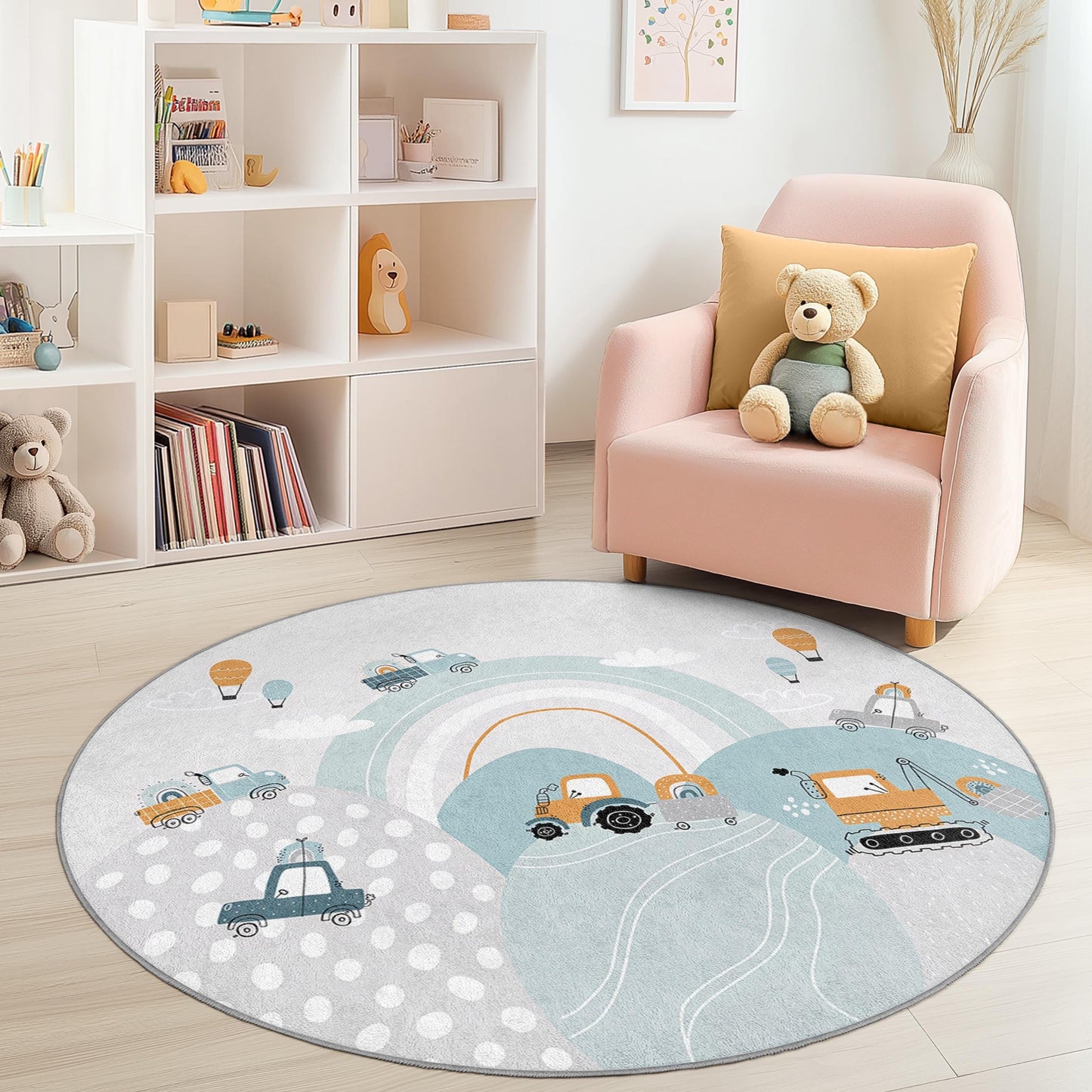 Whimsical Construction Vehicles Round Kids Rug, Playful Kids Room Carpet, Nursery Decor, Soft Play Mat for Toddlers