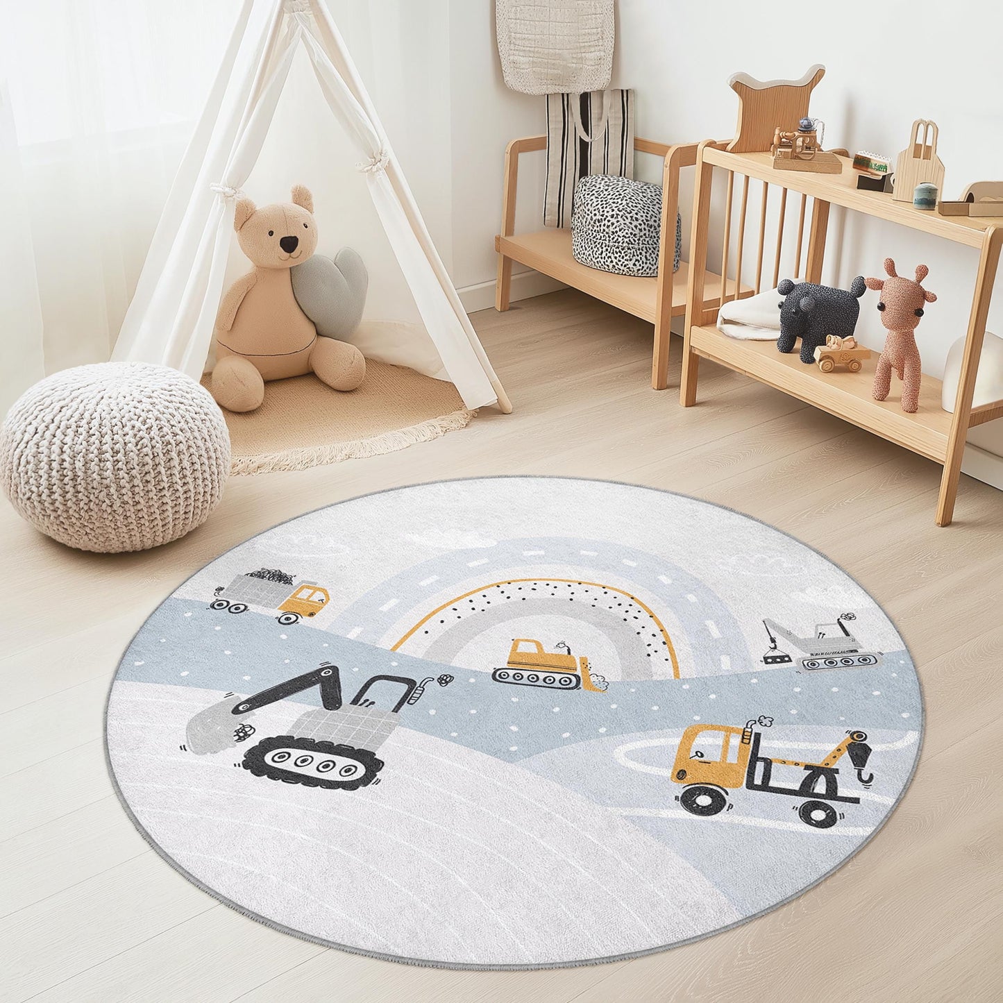 Construction Vehicles Round Kids Play Rug, Kids Room Decor, Soft Play Mat, Truck Themed Rug, Nursery Carpet, Baby Room Essentials