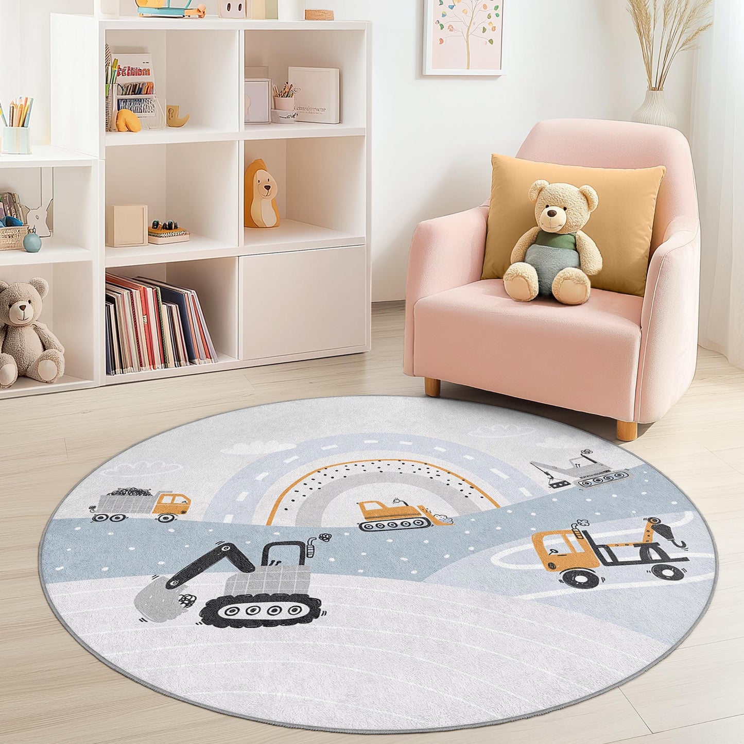 Construction Vehicles Round Kids Play Rug, Kids Room Decor, Soft Play Mat, Truck Themed Rug, Nursery Carpet, Baby Room Essentials