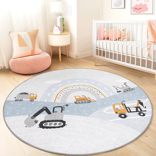 Construction Vehicles Round Kids Play Rug, Kids Room Decor, Soft Play Mat, Truck Themed Rug, Nursery Carpet, Baby Room Essentials