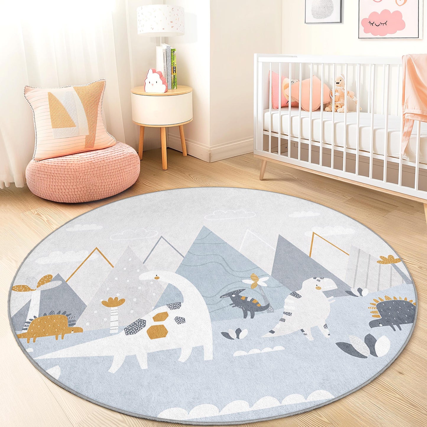 Adventurous Dinosaur Round Kids Rug, Playful Dino Rug for Nursery, Soft Play Mat for Childrens Room, Creative Kids Decor