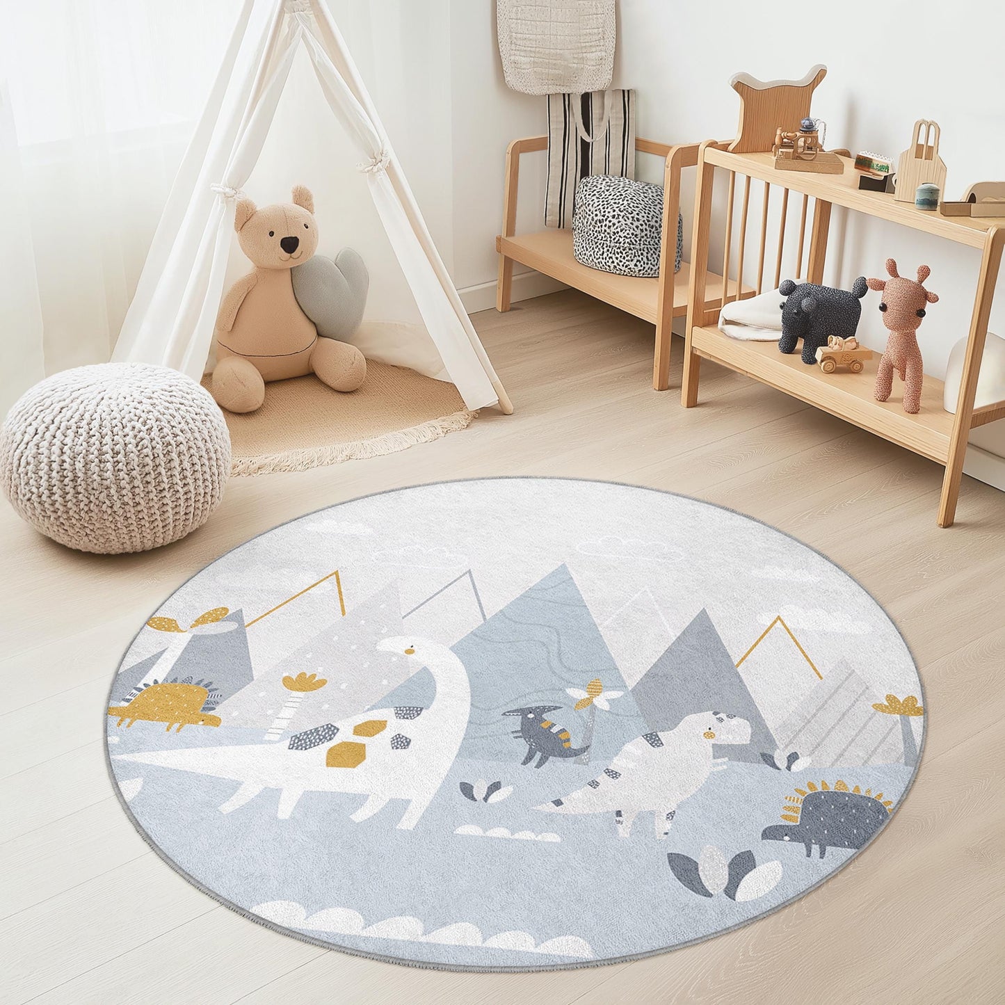 Adventurous Dinosaur Round Kids Rug, Playful Dino Rug for Nursery, Soft Play Mat for Childrens Room, Creative Kids Decor