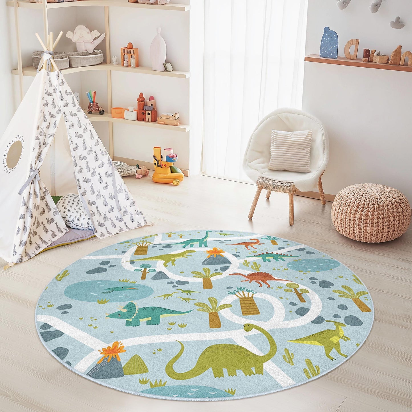 Dinosaur Adventure Round Play Mat, Kids Room Rug, Interactive Dino Area Rug, Soft Play Mat for Playroom, Nursery Decor