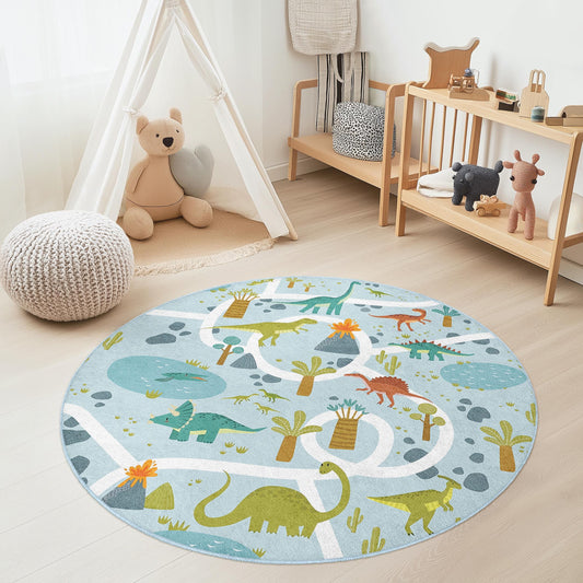 Dinosaur Adventure Round Play Mat, Kids Room Rug, Interactive Dino Area Rug, Soft Play Mat for Playroom, Nursery Decor