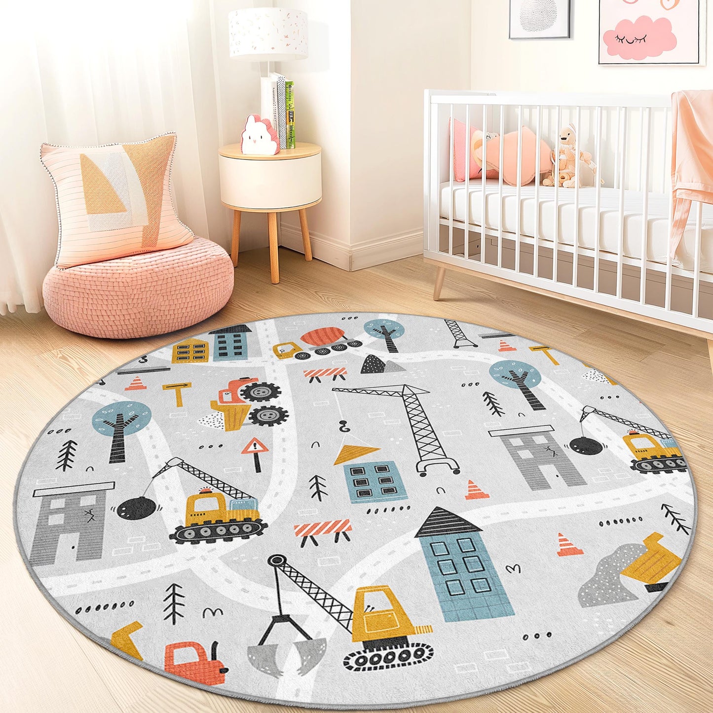 Construction Site Round Kids Play Rug, Kids Room Carpet, Soft Play Mat for Toddlers, Nursery Decor, Interactive Learning Rug