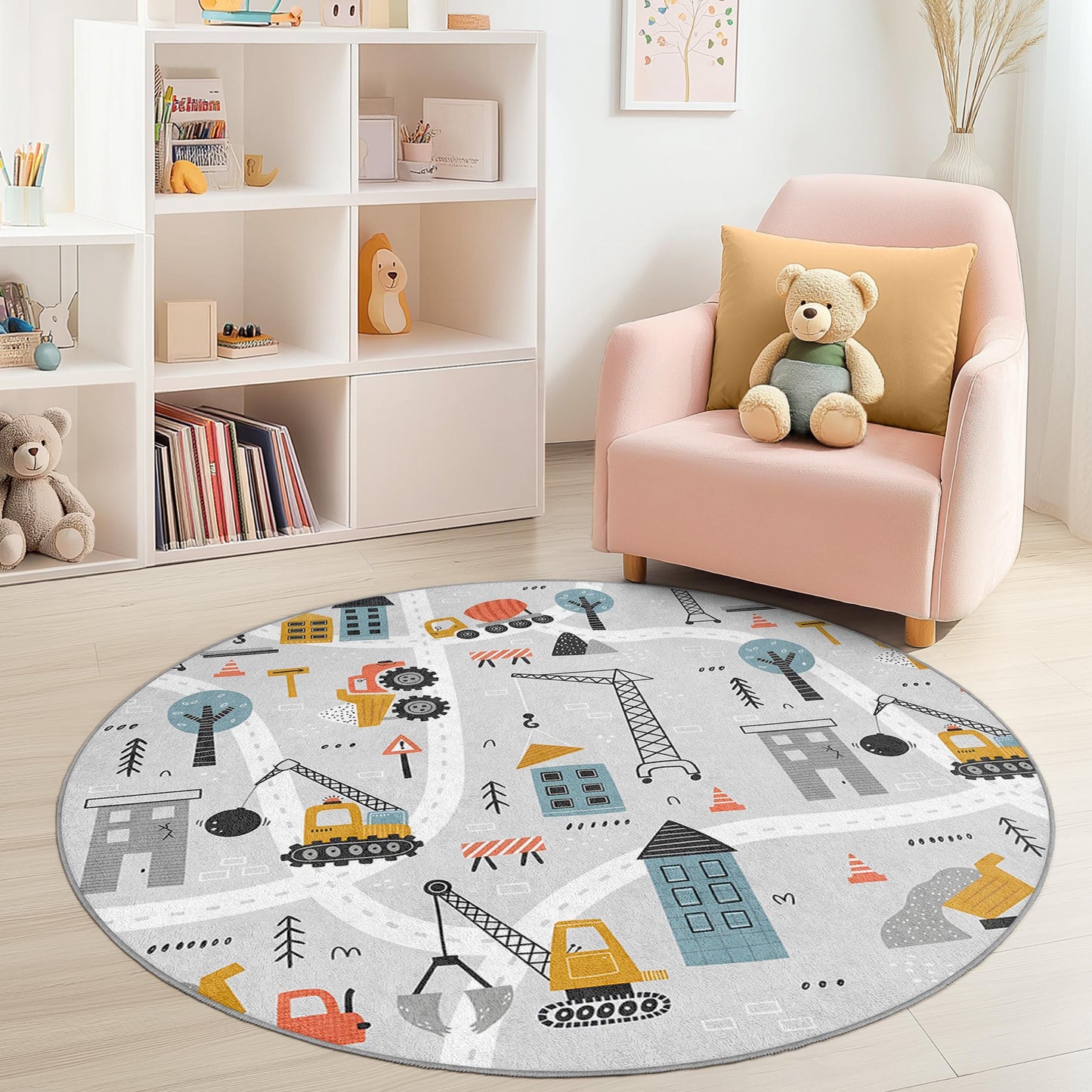 Construction Site Round Kids Play Rug, Kids Room Carpet, Soft Play Mat for Toddlers, Nursery Decor, Interactive Learning Rug