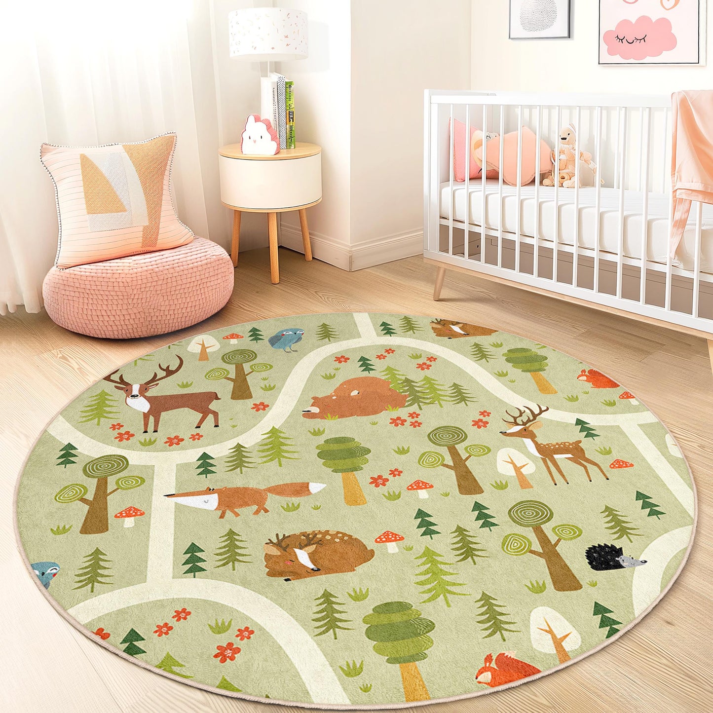 Forest Adventure Round Kids Rug, Woodland Animals Play Mat, Round Carpet for Kids Room, Nursery Decor, Nature Themed Rug