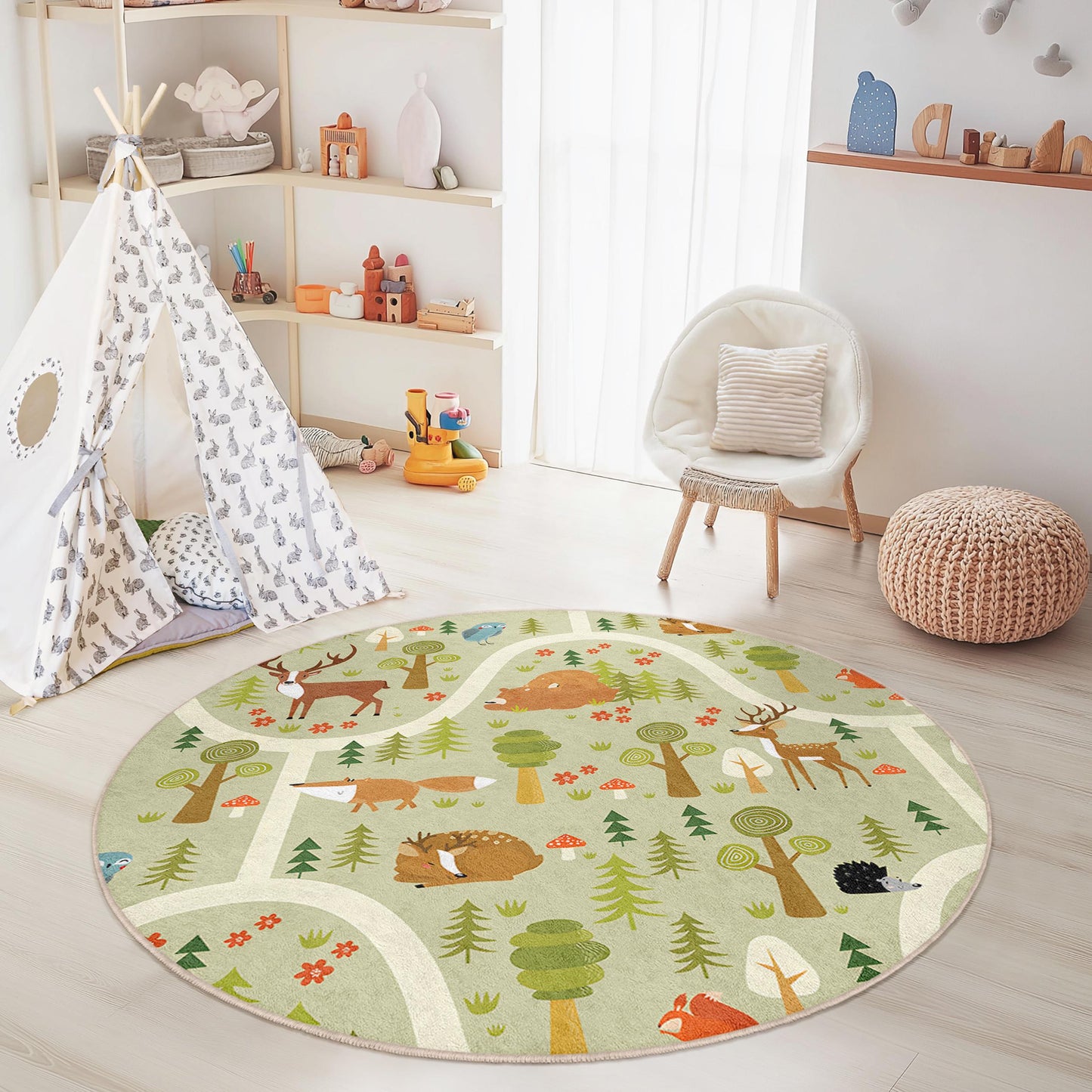 Forest Adventure Round Kids Rug, Woodland Animals Play Mat, Round Carpet for Kids Room, Nursery Decor, Nature Themed Rug