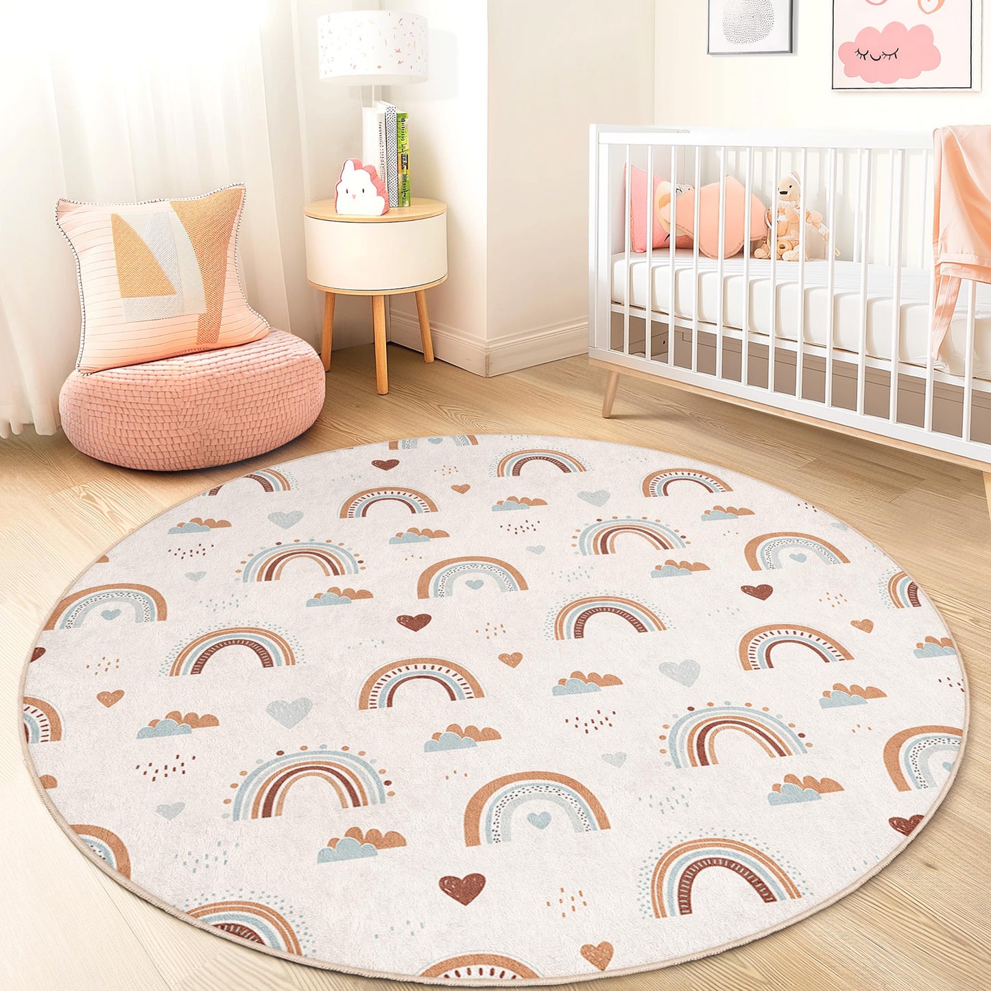 Rainbow Pattern Round Kids Rug, Soft Nursery Round Carpet, Playroom Decor, Colorful Rainbow Rug, Cute Kids Room Rug
