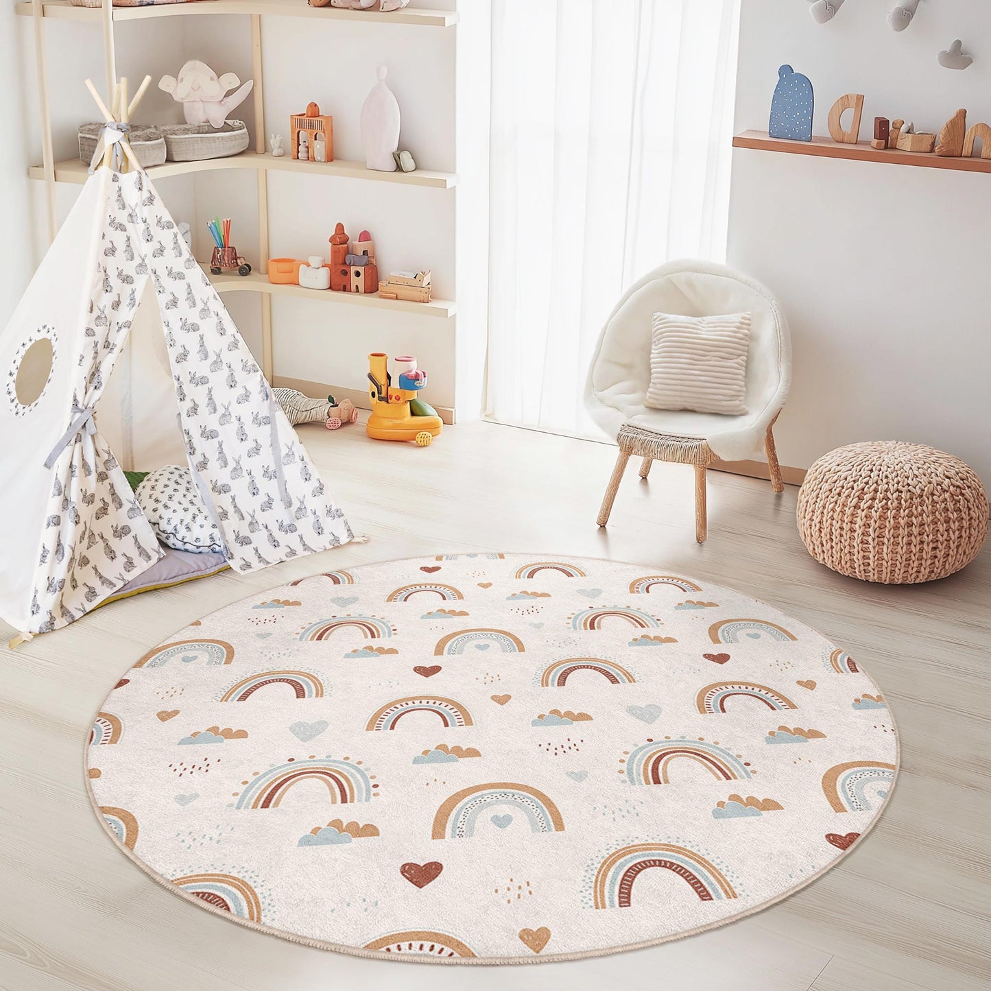 Rainbow Pattern Round Kids Rug, Soft Nursery Round Carpet, Playroom Decor, Colorful Rainbow Rug, Cute Kids Room Rug