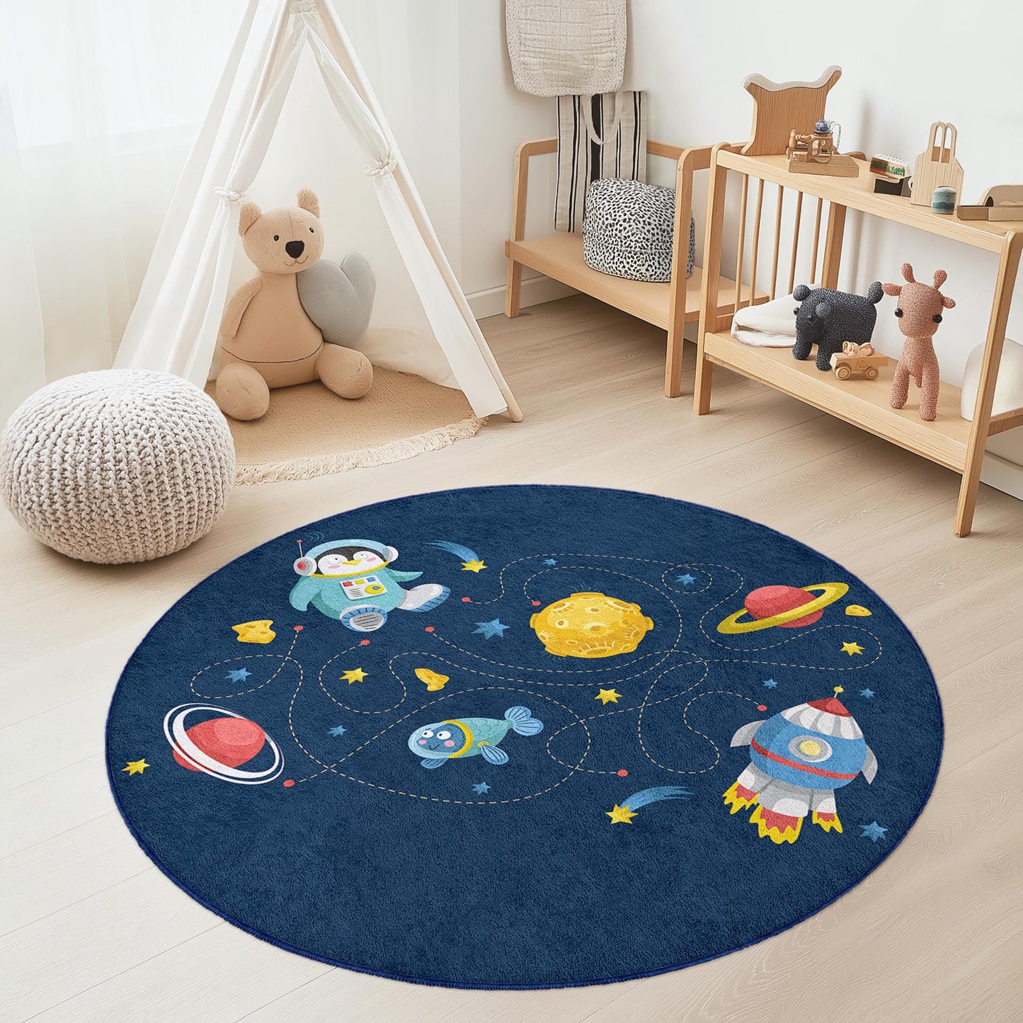 Space Adventure Round Kids Rug, Astronaut Theme Play Mat, Galaxy Decor for Kids Room, Fun Space Carpet, Nursery Play Area