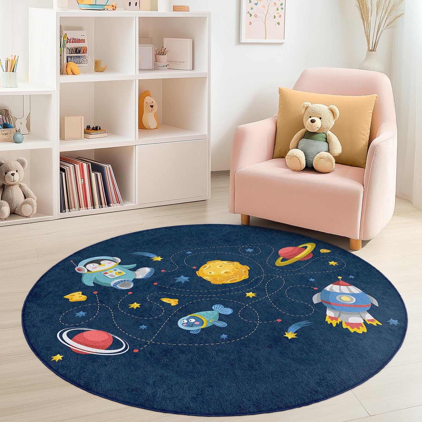 Space Adventure Round Kids Rug, Astronaut Theme Play Mat, Galaxy Decor for Kids Room, Fun Space Carpet, Nursery Play Area