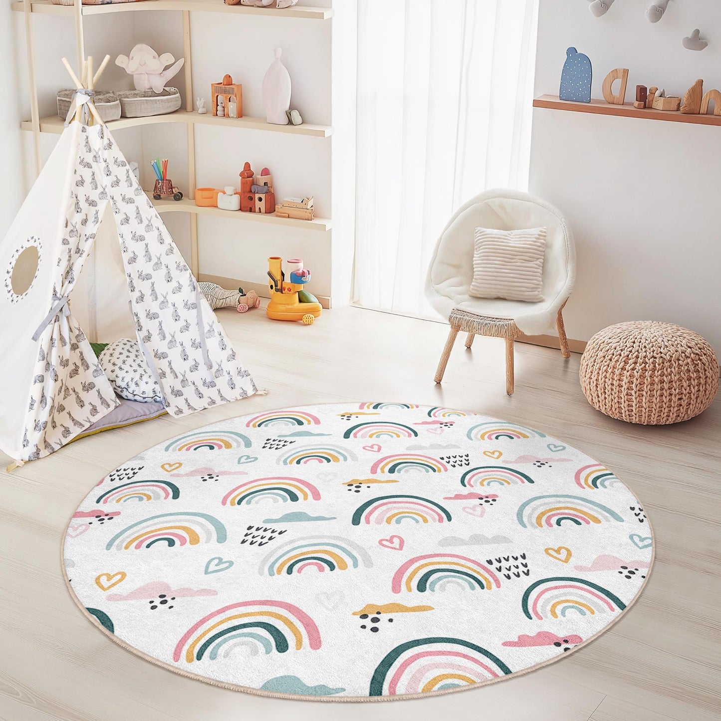 Rainbow Kids Play Rug: Soft Nursery Carpet, Cloud Theme