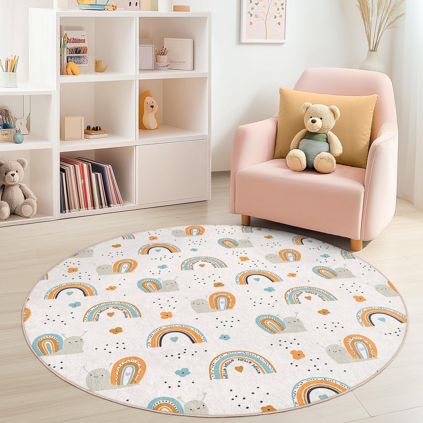 Cute Snail and Rainbow Round Kids Rug, Playful Nursery Carpet, Children's Room Decor, Soft Playroom Mat, Colorful Kids Rug