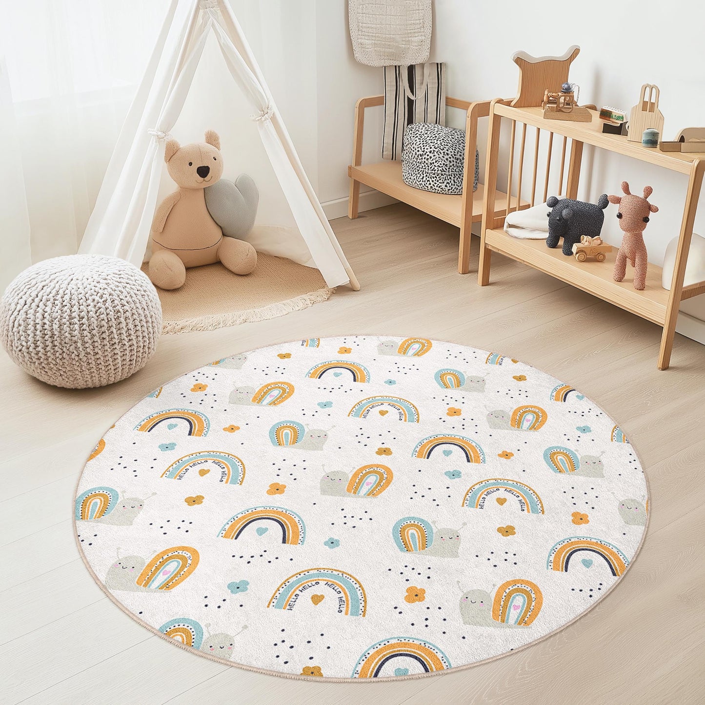 Cute Snail and Rainbow Round Kids Rug, Playful Nursery Carpet, Children's Room Decor, Soft Playroom Mat, Colorful Kids Rug