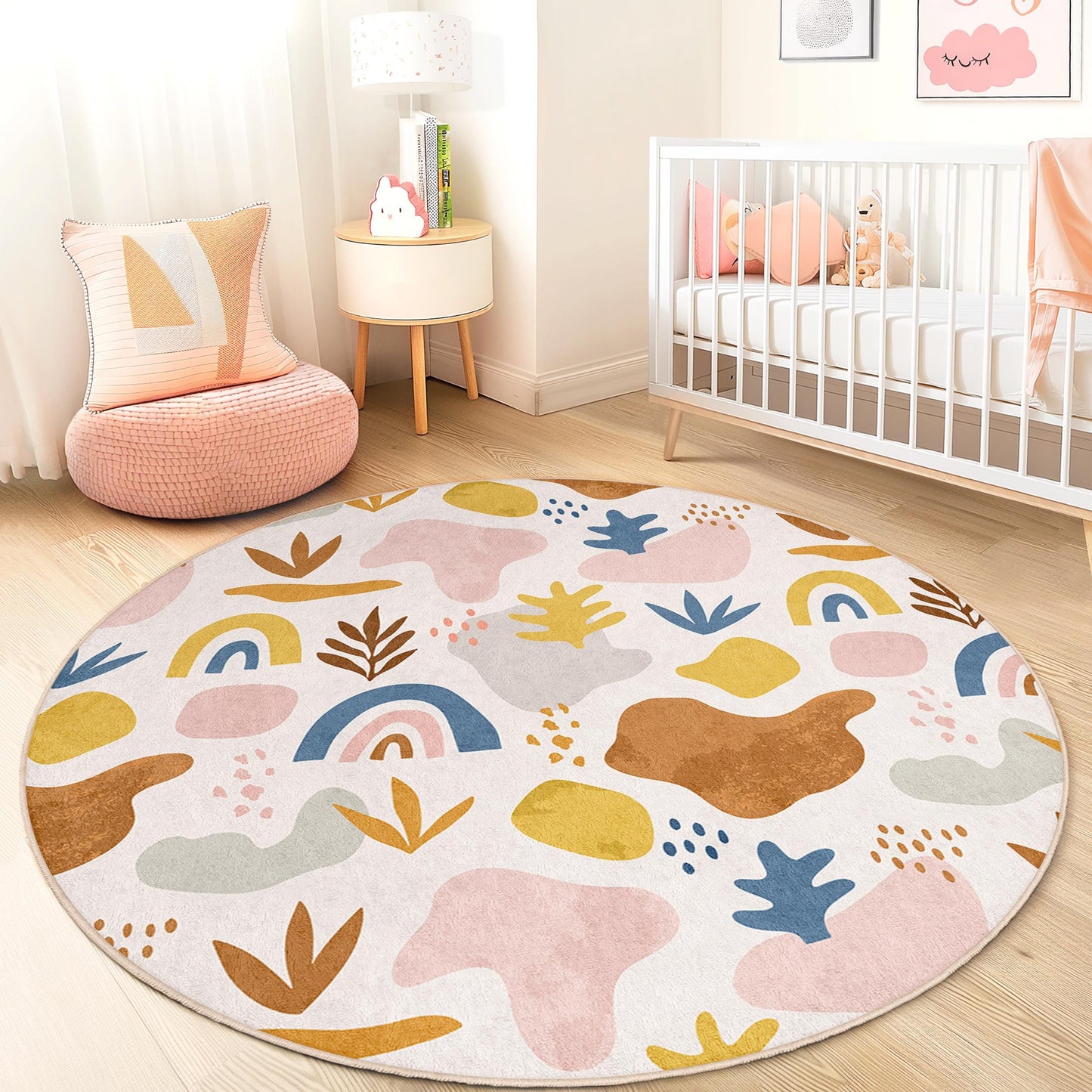Whimsical Round Kids Area Rug, Colorful Abstract Playroom Rug, Soft Nursery Carpet, Fun Play Mat for Children's Rooms