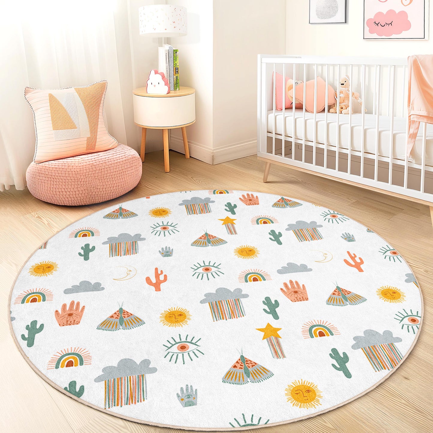 Colorful Desert Adventure Round Kids Rug, Fun Pattern Play Mat, Nursery Decor, Kids Room Carpet, Interactive Play Mat