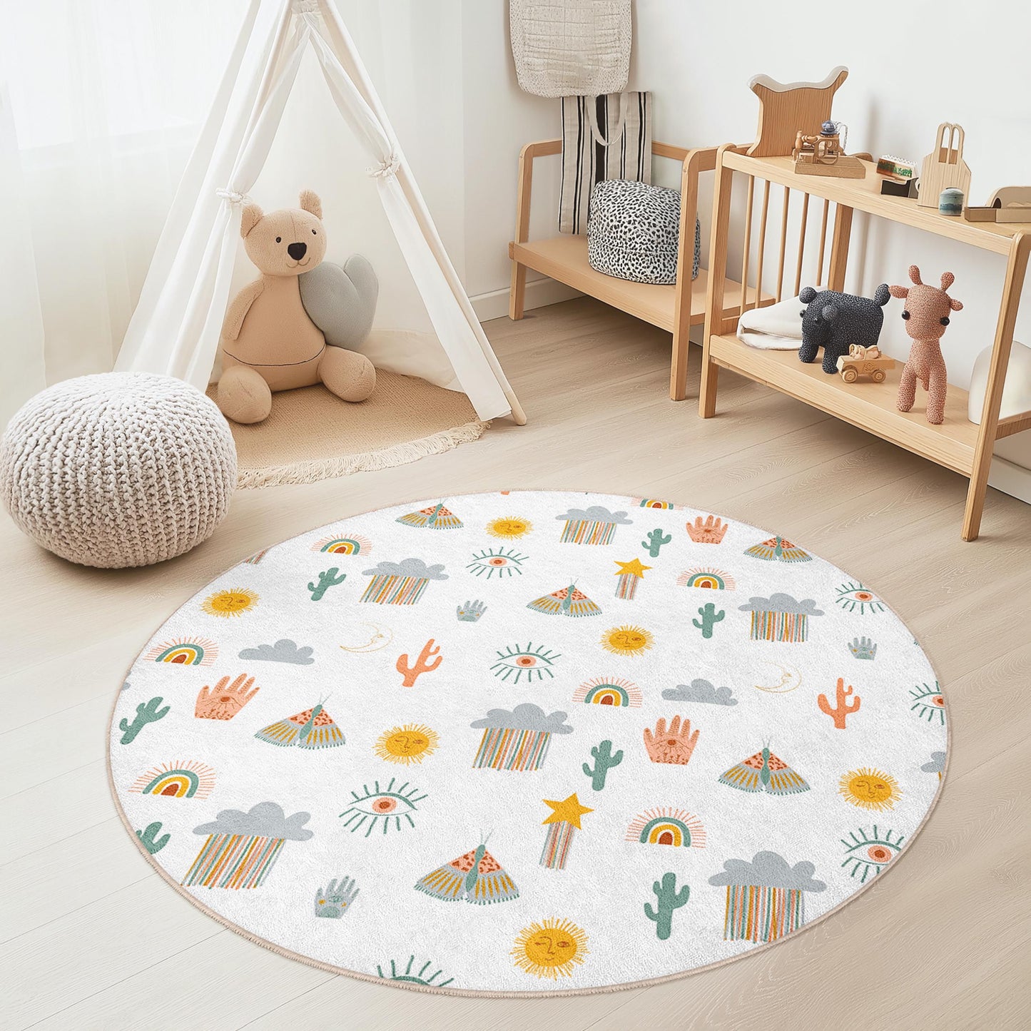 Colorful Desert Adventure Round Kids Rug, Fun Pattern Play Mat, Nursery Decor, Kids Room Carpet, Interactive Play Mat
