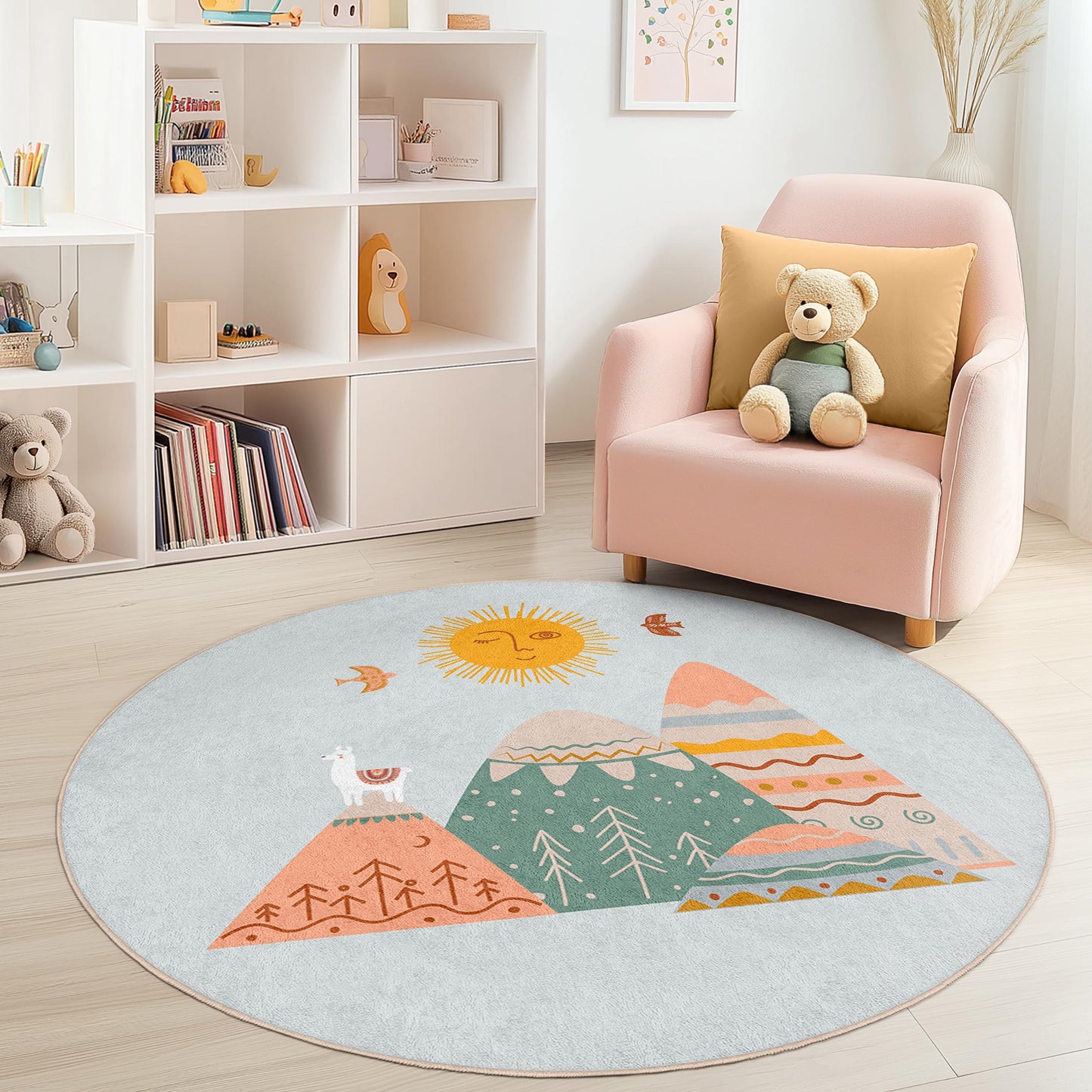 Whimsical Mountain Landscape Round Kids Rug, Soft Pastel Kids Room Carpet, Playful Nursery Decor, Cozy Round Area Rug