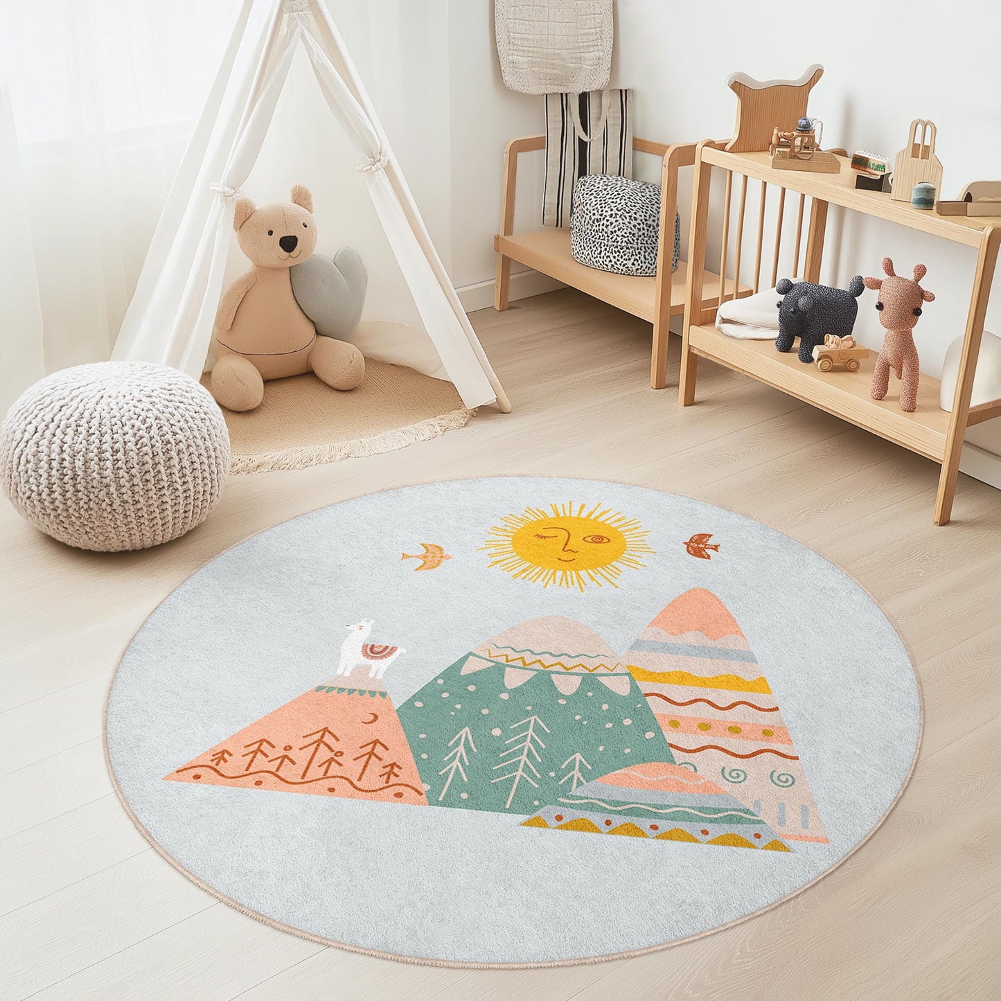 Whimsical Mountain Landscape Round Kids Rug, Soft Pastel Kids Room Carpet, Playful Nursery Decor, Cozy Round Area Rug