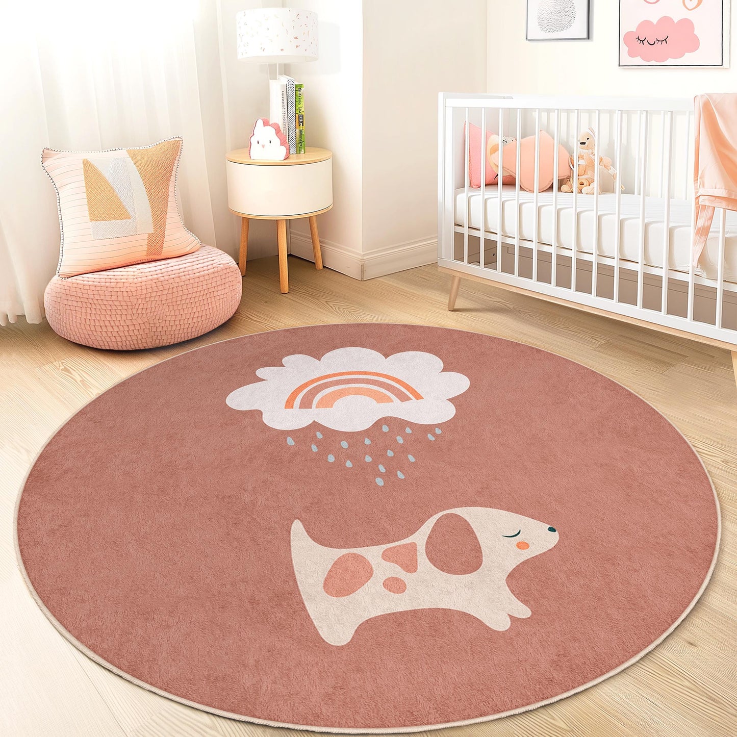 Cute Dog Rainbow Round Kids Rug, Nursery Decor, Playroom Mat, Soft Round Carpet for Children's Room, Adorable Pet Theme Rug