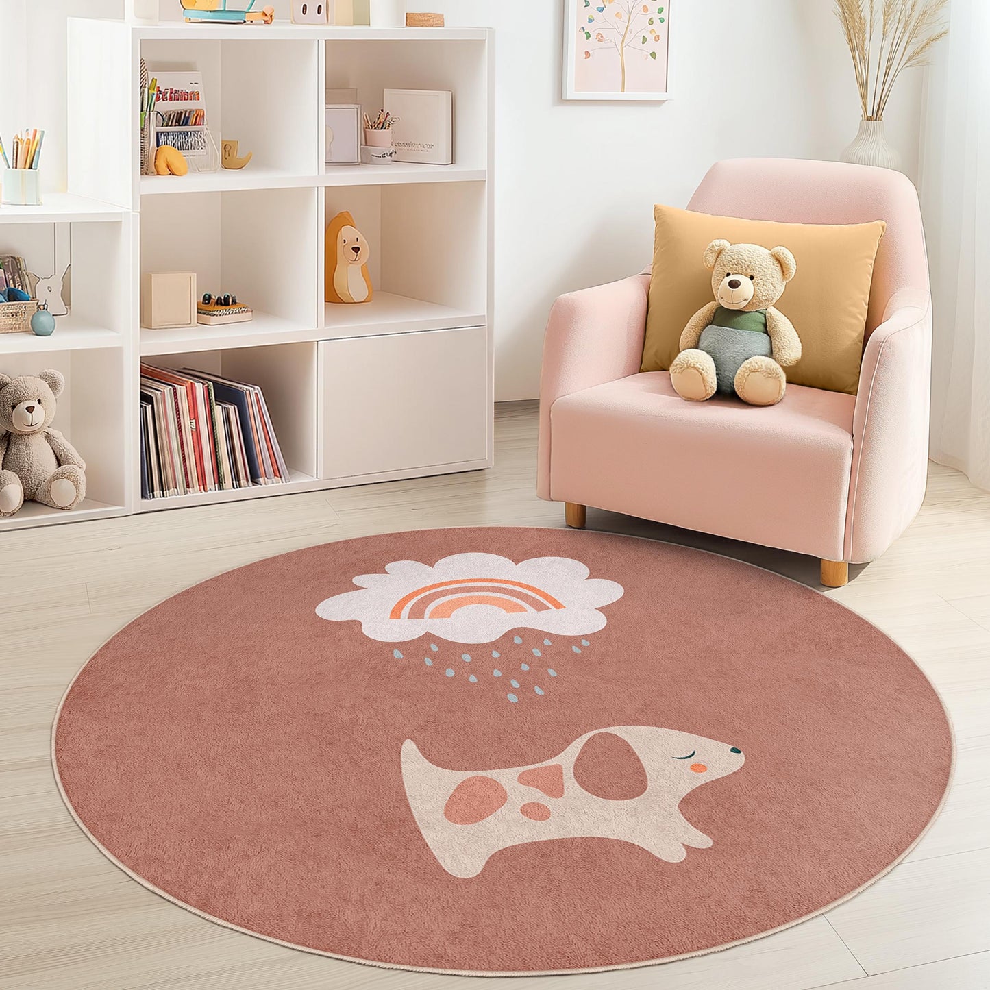 Cute Dog Rainbow Round Kids Rug, Nursery Decor, Playroom Mat, Soft Round Carpet for Children's Room, Adorable Pet Theme Rug
