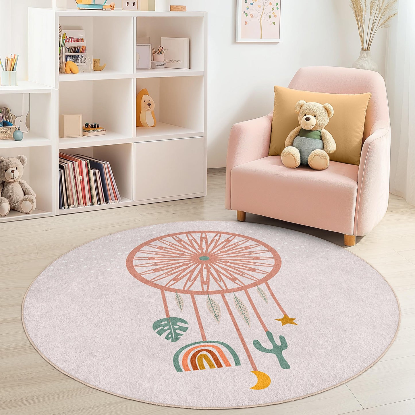 Dreamcatcher Round Kids Rug, Boho Nursery Decor, Soft Round Carpet for Kids Room, Playroom Area Rug, Unique Kids Gift