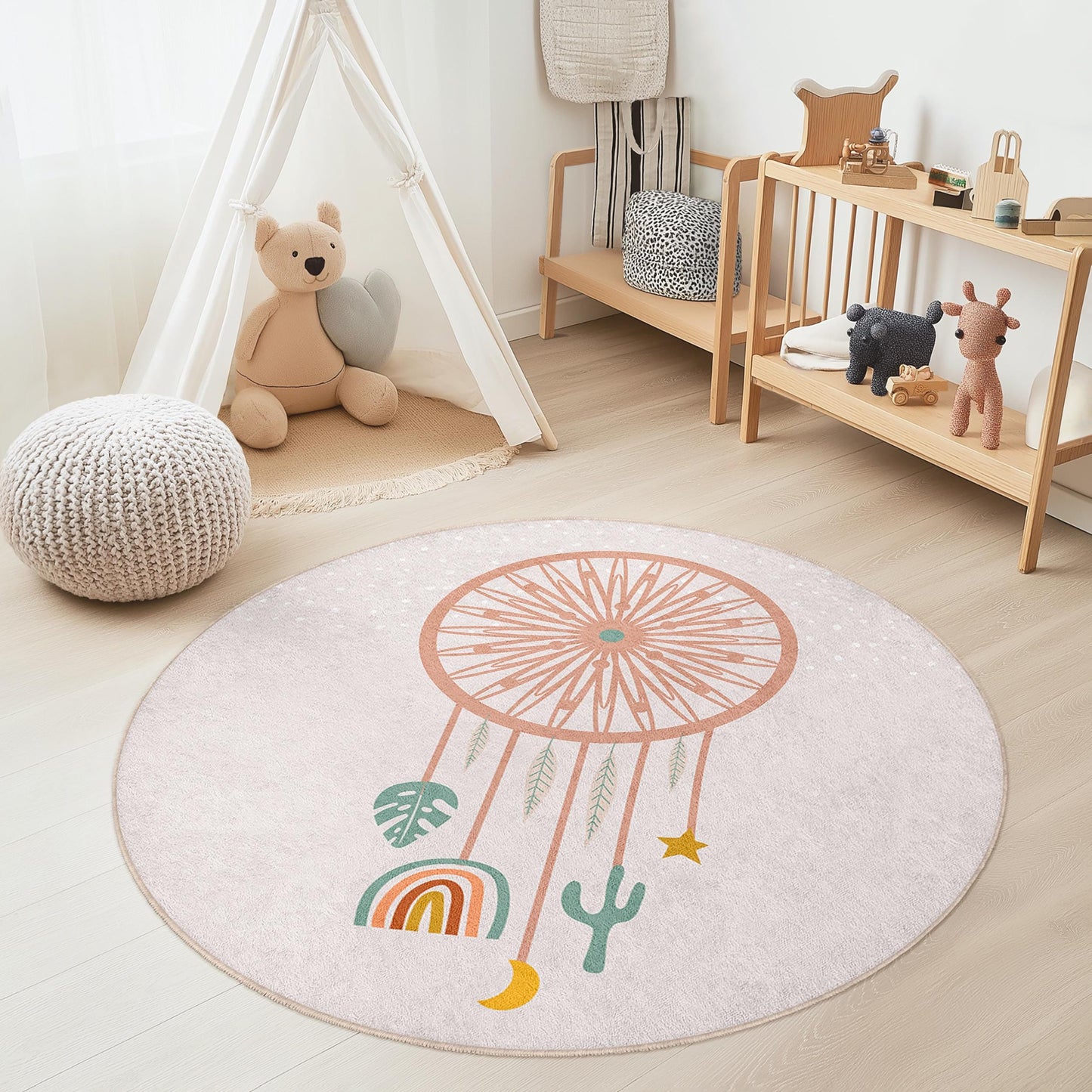 Dreamcatcher Round Kids Rug, Boho Nursery Decor, Soft Round Carpet for Kids Room, Playroom Area Rug, Unique Kids Gift