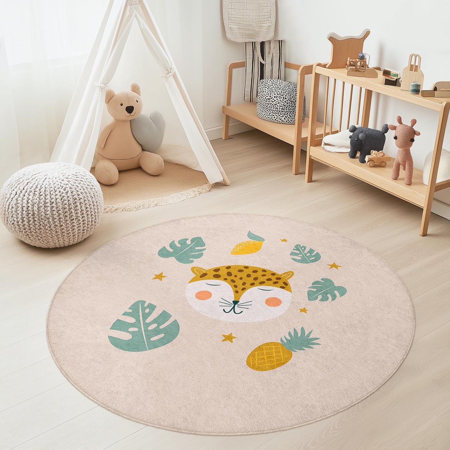 Cute Jungle Animal Round Kids Rug, Leopard Face Nursery Carpet, Fun Playroom Decor, Soft Play Mat for Child's Room