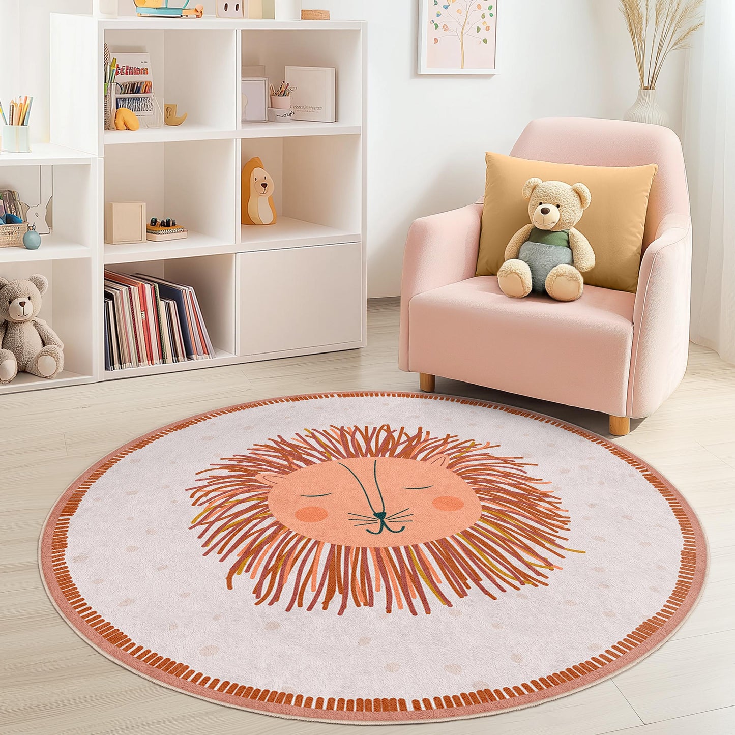 Cute Lion Round Area Rug for Kids, Soft Playroom Carpet, Adorable Nursery Decor, Round Animal Rug, Child's Room Accessories