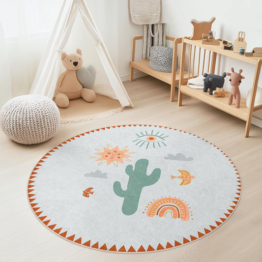 Sun and Cactus Round Kids Rug, Boho Nursery Decor, Playroom Carpet, Kids Room Mat, Colorful Round Rug for Play Areas