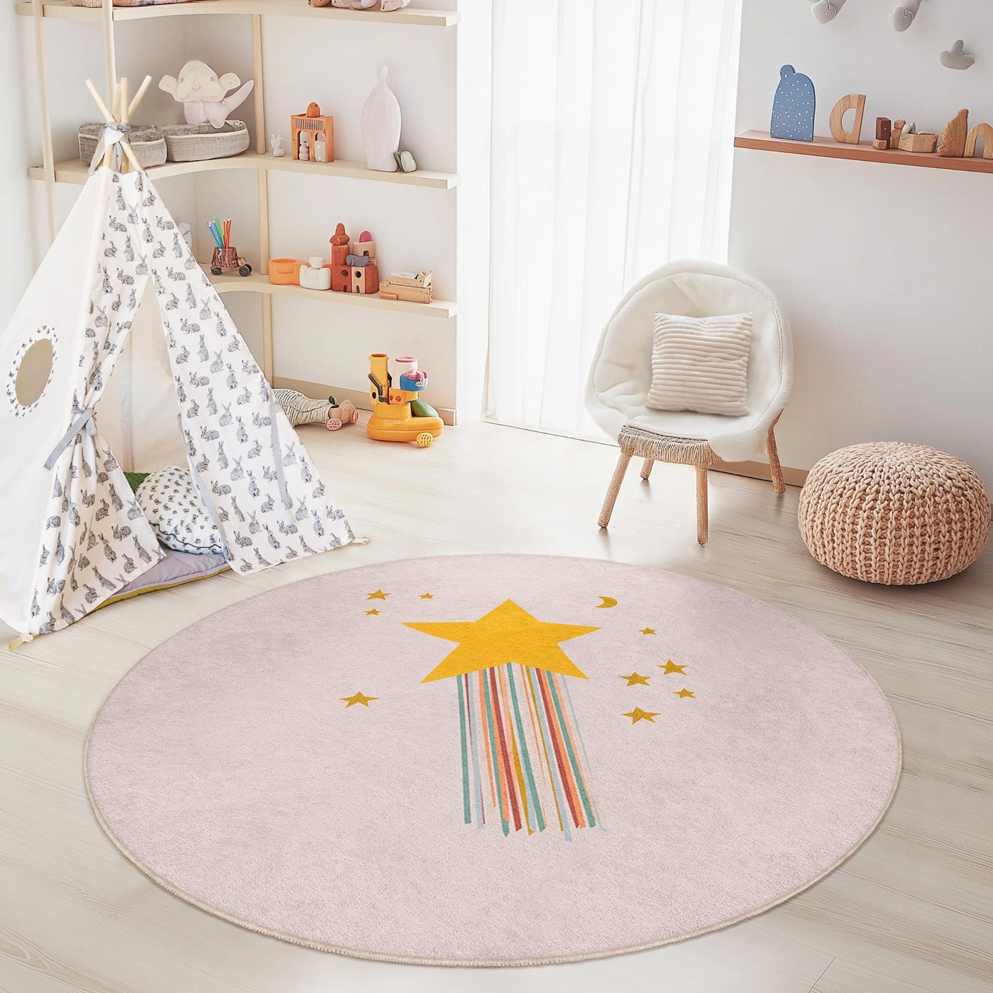 Starry Night Round Kids Rug, Dreamy Play Mat for Children's Room, Cozy Nursery Decor, Star and Moon Design Rug