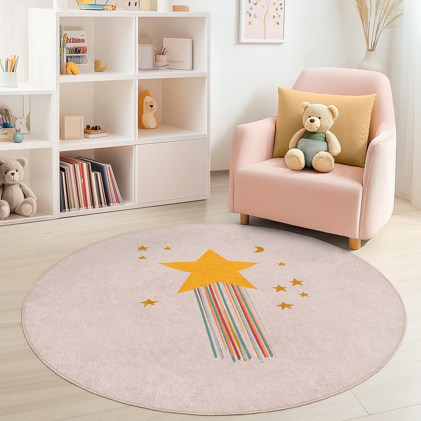 Starry Night Round Kids Rug, Dreamy Play Mat for Children's Room, Cozy Nursery Decor, Star and Moon Design Rug