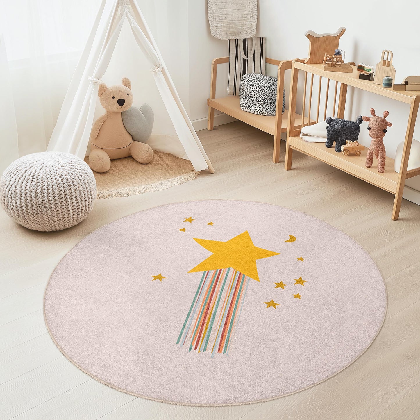 Starry Night Round Kids Rug, Dreamy Play Mat for Children's Room, Cozy Nursery Decor, Star and Moon Design Rug