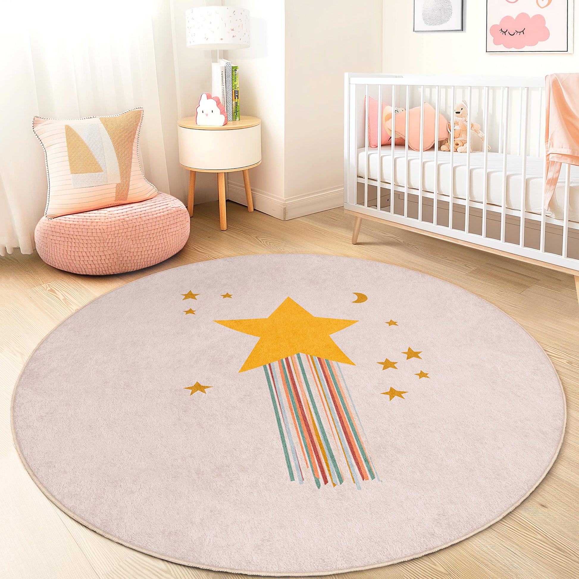 Starry Night Round Kids Rug, Dreamy Play Mat for Children's Room, Cozy Nursery Decor, Star and Moon Design Rug