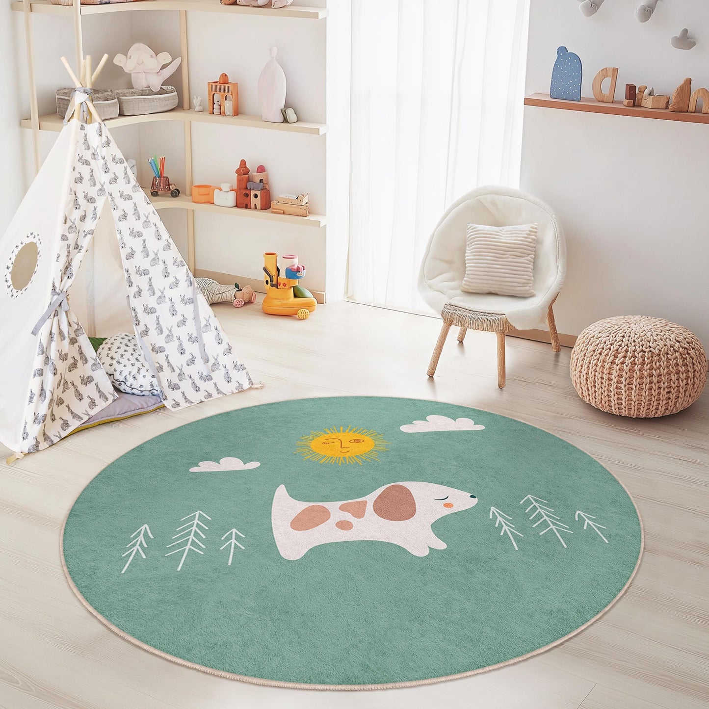Cute Dog Round Kids Rug, Dog Design Play Mat, Nursery Decor, Kids Room Carpet, Soft Pet Rug, Playroom Accessories