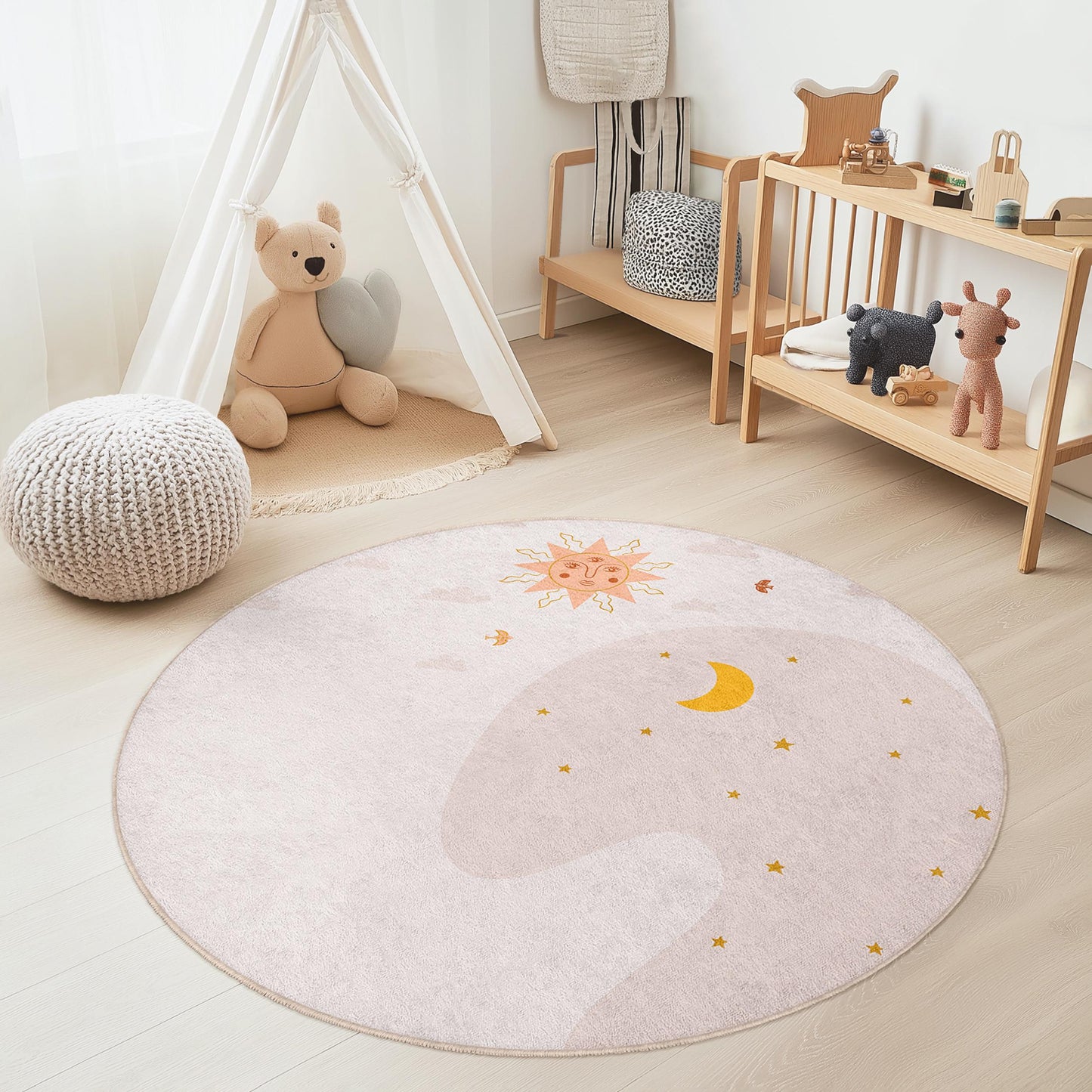Sun and Moon Round Kids Rug, Celestial Kids Room Decor, Soft Play Mat, Nursery Area Rug, Playroom Carpet, Children's Rug