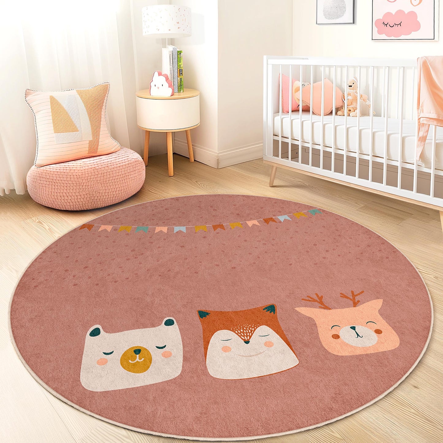 Cute Animal Faces Round Kids Rug, Playful Nursery Decor, Soft Round Carpet for Kids Room, Animal Friends Rug, Childrens Play Mat