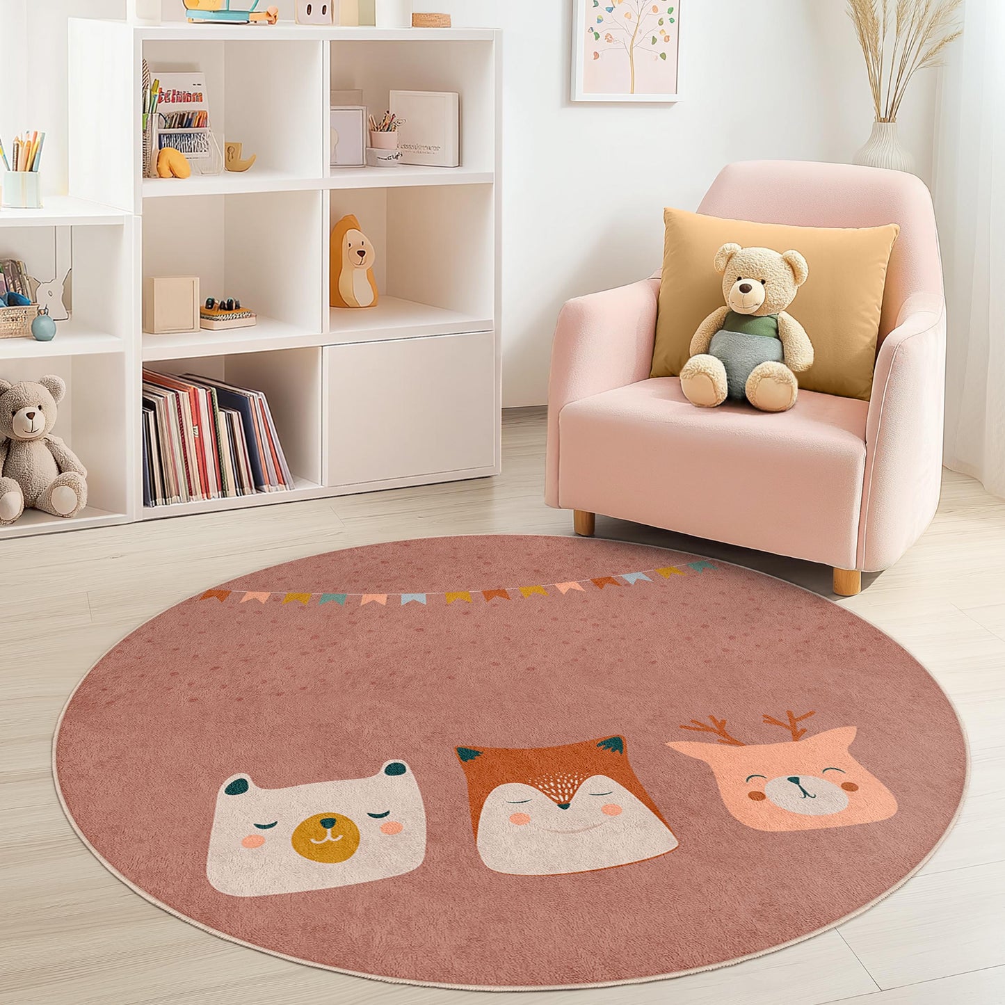 Cute Animal Faces Round Kids Rug, Playful Nursery Decor, Soft Round Carpet for Kids Room, Animal Friends Rug, Childrens Play Mat